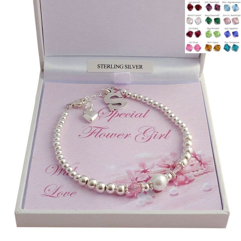 Flower Girl, Bridesmaid Bracelet, Birthstones, Pearl & Letter Charm| Jewels 4 Girls