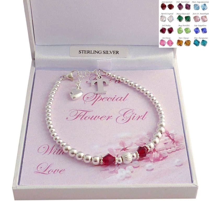 Flower Girl or Bridesmaid Bracelet, Birthstones & Letter Charm| Jewels 4 Girls