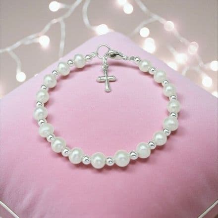 Freshwater Pearl Baby Bracelet with silver Cross Charm