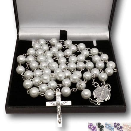 Gift Boxed, Pearl Rosary Beads with 925 Sterling Silver Mary Centre and Crucifix