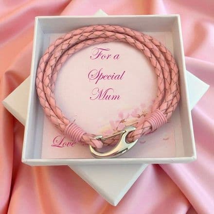 Gift for Mum or Mummy, Pink Leather Wrap Bracelet
