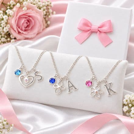 Girl's Birthstone Necklace with Flower, Heart or Cross and Any Letter Charm
