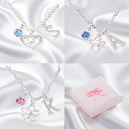 Girl's Birthstone Necklace with Flower, Heart or Cross and Any Letter Charm