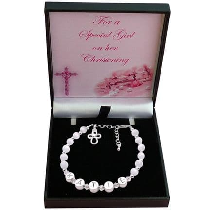 Girl's Christening Bracelet With Any Name on Pewter Letters