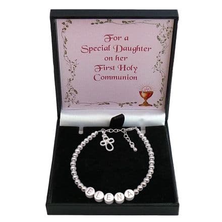 Girl's First Communion Bracelet With Any Name on Pewter Letters