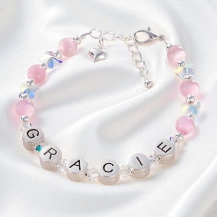 Girl's Name Bracelet - Cat's eyes & Crystal Butterflies