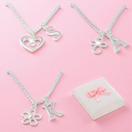 Girl's Necklace with Flower, Heart or Cross and Any Letter Charm