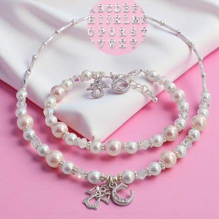 Girls Angel Jewellery Set, Necklace & Bracelet with Letter Charm