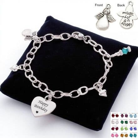 Girls Birthstone Bracelet with Engraving and Angel Charm