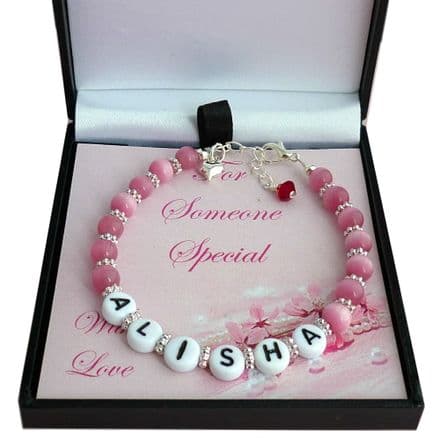 Girls Bracelet with Name and Birthstone in Gift Box
