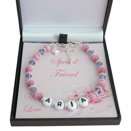 Girls Bracelet with Name in Gift Box, Pink & Purple