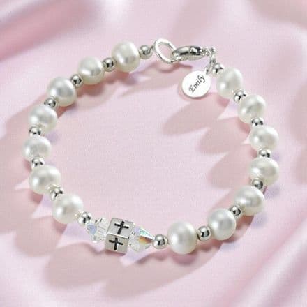 Girls Christening Bracelet, Freshwater pearls & Engraved Tag.