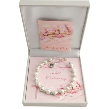 Girls Christening Bracelet with Real Pearls and Card Choice