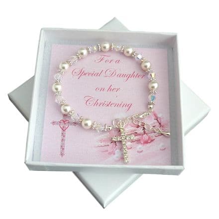 Girls Christening Bracelet with White Pearls and Sparkly Cross