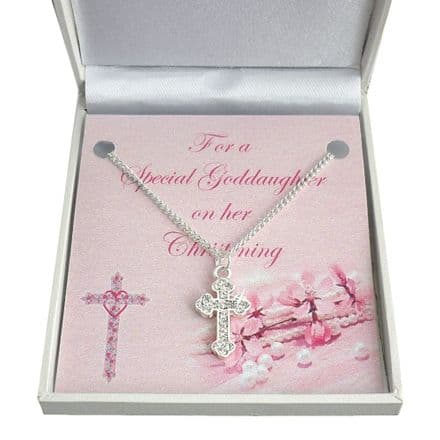 Girls Christening Necklace with Cross & Card Choice