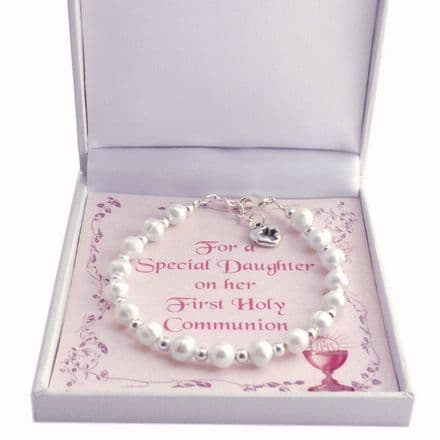 Girls First Holy Communion Bracelet with Real Pearls and Card Choice