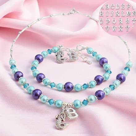 Girls Mermaid Jewellery Set, Necklace & Bracelet with Letter Charm