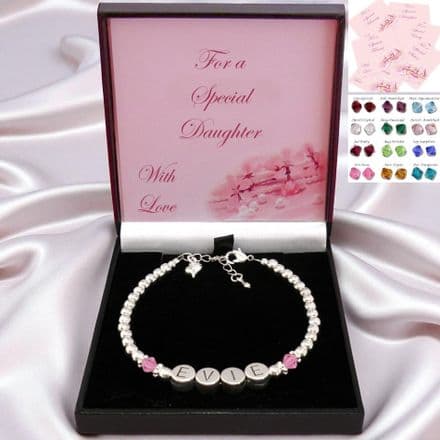 Girls Name Bracelet with Birthstones and Pewter Letters