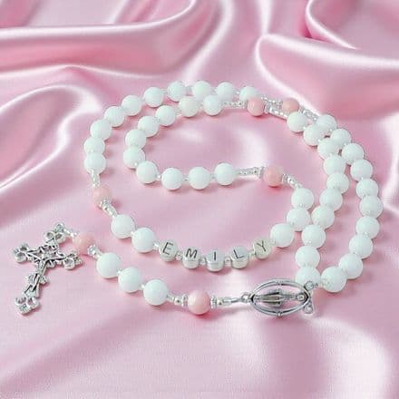 Girls Name Rosary with White Jade and Pearl
