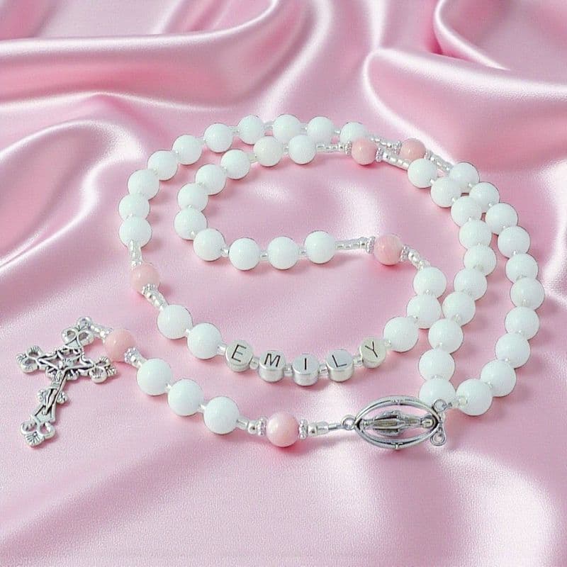 Girls Name Rosary with White Jade and Pearl | Jewels 4 Girls