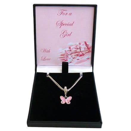 Girls Necklace with Pink Butterfly, Gift Boxed