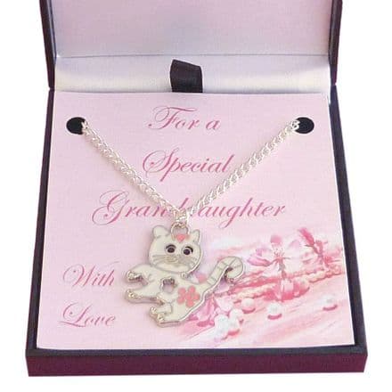 Girls Necklace with White Cat for Granddaughter, Niece etc