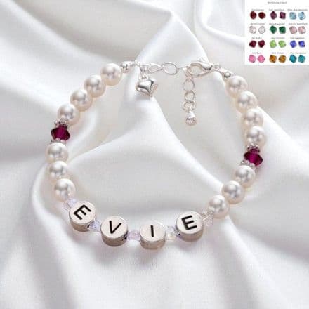 Girls Pearl Birthstone Name Bracelet - Pewter Letters