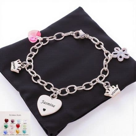 Girls Personalised Bracelet with Princess Charm, Birthstone and Engraving