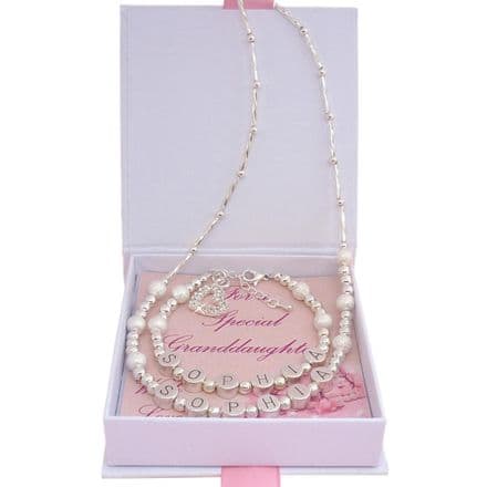 Girls Personalised, Silver Beads, Jewellery Set with Name on Bracelet and Necklace