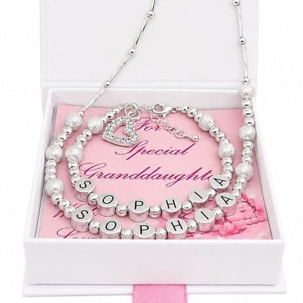 Girls Personalised, Silver Beads, Jewellery Set with Name on Bracelet and Necklace
