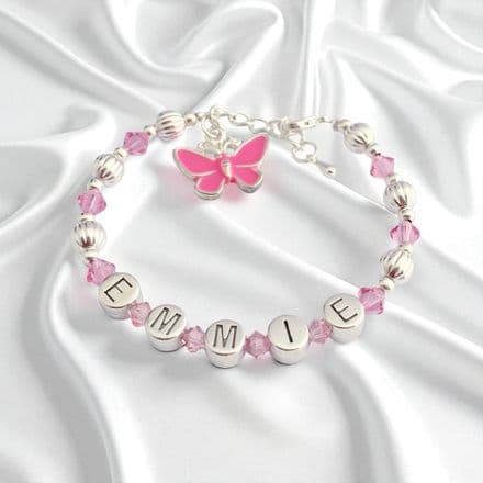 Girls Pink Name Bracelet with Butterfly Charm