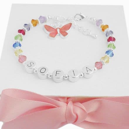 Girls Rainbow Name Bracelet with Butterfly Charm