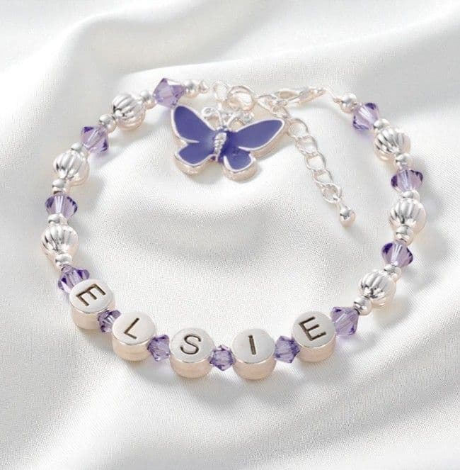 Girls Tanzanite Name Bracelet with Butterfly Charm | Jewels 4 Girls