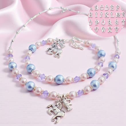 Girls Unicorn Jewellery Set, Necklace & Bracelet with Letter Charm