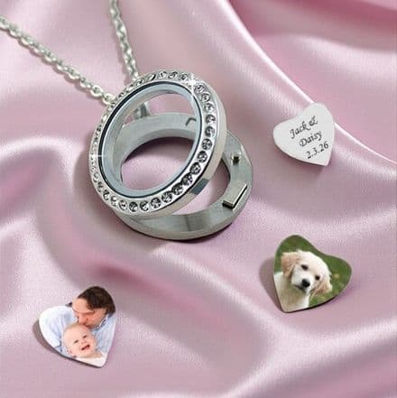 Glass Locket with Photo Charm and Engraving. Floating, Memory Locket