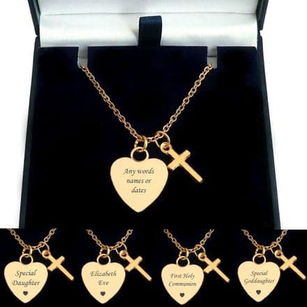 Heart and Cross Engraved Personalised Necklace in Rose Gold