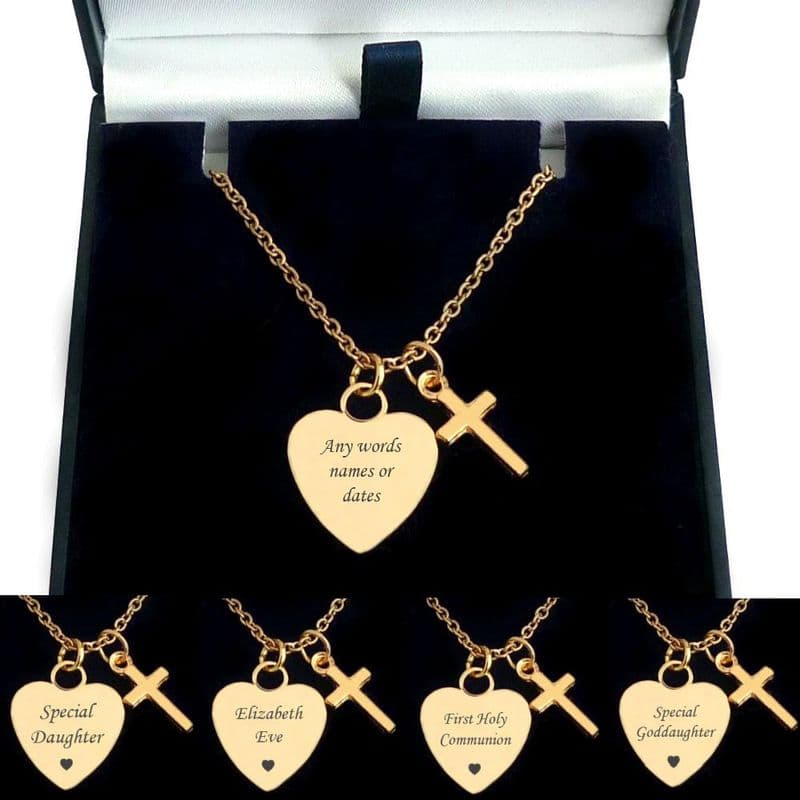Heart and Cross Engraved Personalised Necklace in Rose Gold | Jewels 4 Girls