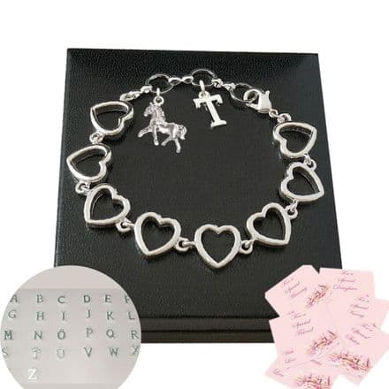 Heart Chain Bracelet with Horse and Letter Charms, Adjustable for Women & Girls
