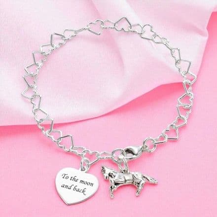 Heart Link Bracelet with Horse Charm, Personalised Engraving