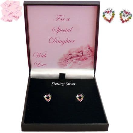 Hearts with Multicoloured Crystals, Stud Earrings, 925 Silver, Gift for Granddaughter, Daughter...