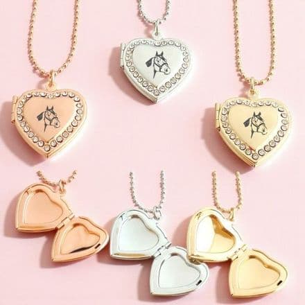 Horse Head Heart Locket  Necklace, Silver, Gold or Rose Gold, with Crystals