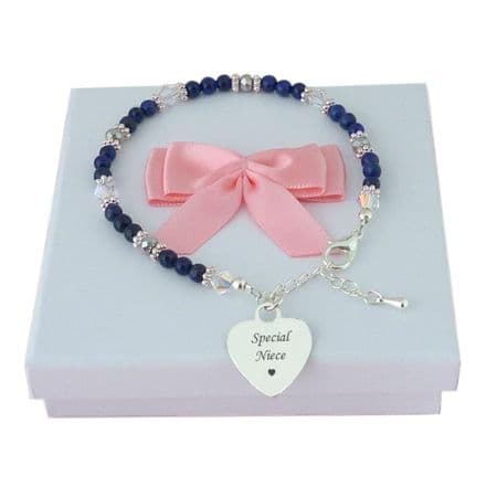 Lapis Lazuli Beaded Bracelet with Engraved Heart Charm
