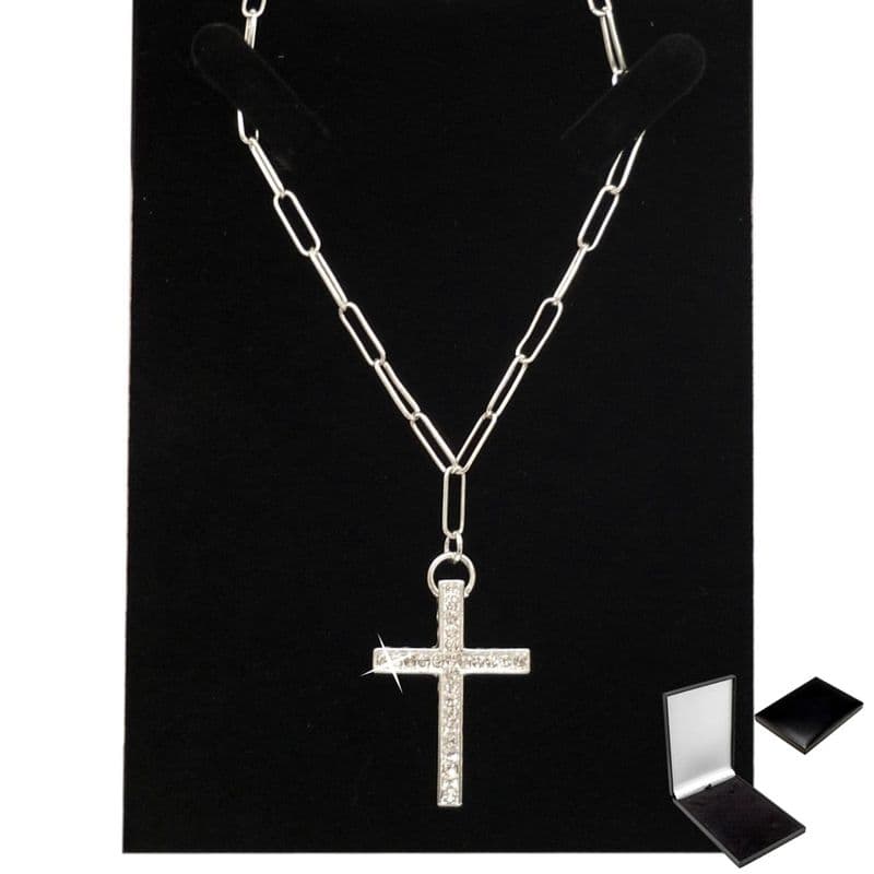 Large Cross , Paperclip Chain Necklace with Rhinestone Crystals in Gift Box | Jewels 4 Girls