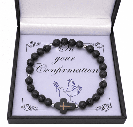 Lava Stone Bracelet for Boy's Confirmation, Beaded with Cross, Catholic, Christian Gift