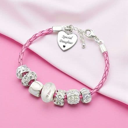 Leather Charm Bead Bracelet with Engraving