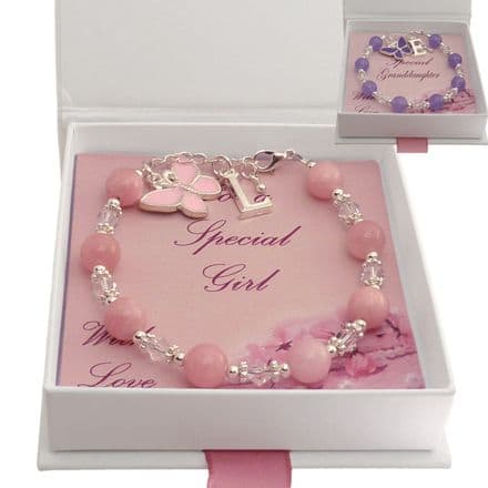 Luxury Girls Gemstone Bracelet, Crystals, Any Letter, Initial, Butterfly