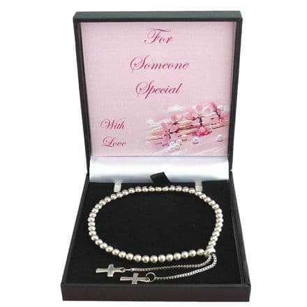 Modern Lariat style Bracelet with Cross Charms & Silver Beads