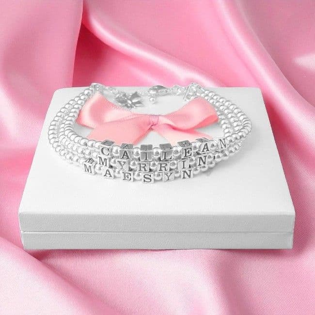Mothers Bracelet Three Names on Three Strands, All Silver | Jewels 4 Girls