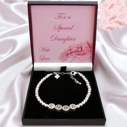 Name Bracelet for a Girl in Special Gift Box, Pewter Letter Beads