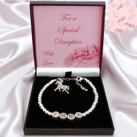 Name Bracelet for a Girl in Special Gift Box, Pewter Letter Beads and Horse Charm